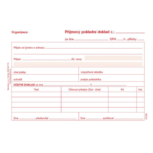 Příjmový pokladní doklad i pro podvojné účetnictví Baloušek A6 / nečíslovaný / 50 listů / ET030