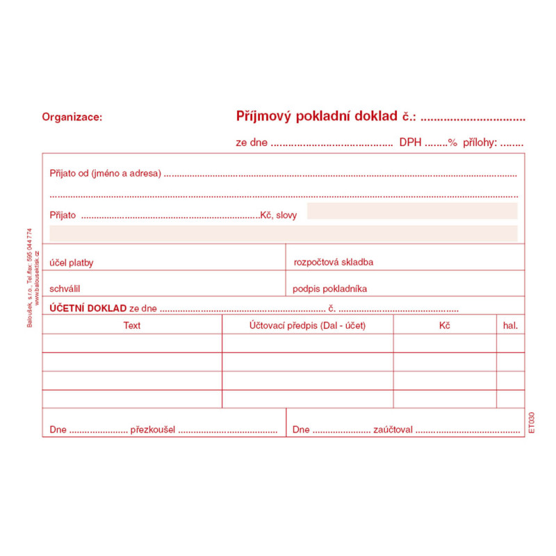 Příjmový pokladní doklad i pro podvojné účetnictví Baloušek A6 / nečíslovaný / 50 listů / ET030